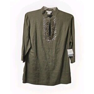 Kate Hill Linen Safari Olive Green Jeweled Tunic Top NWT Sz 1 X